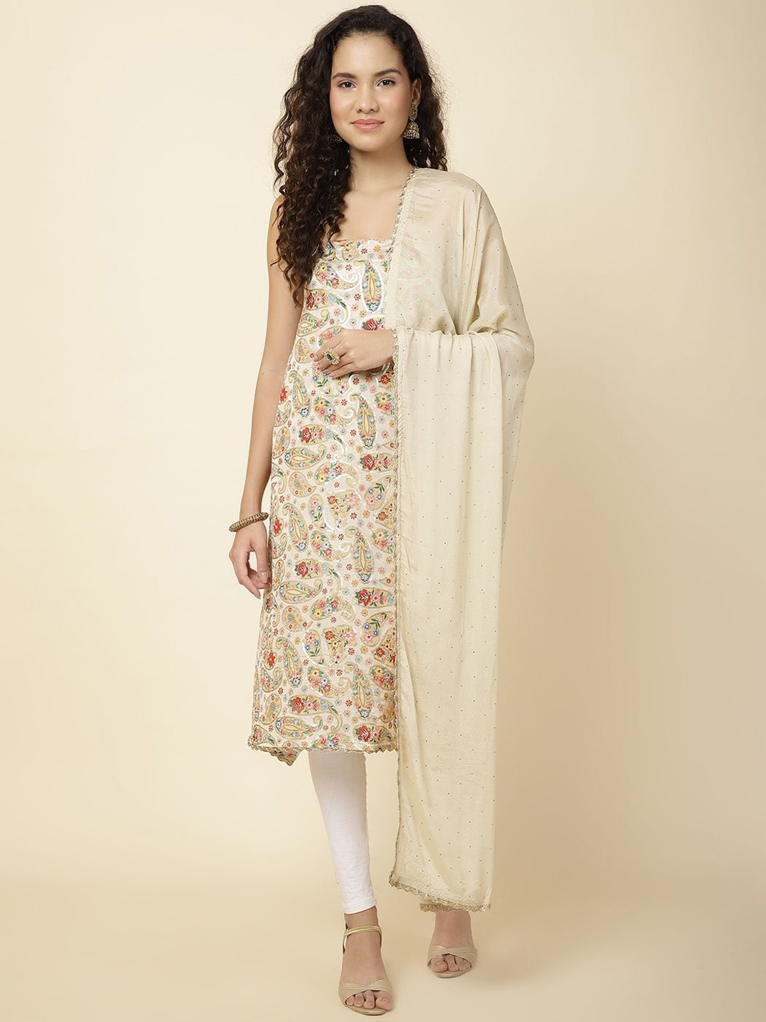 

Meena Bazaar Embroidered Art Silk Unstitched Dress Material, Cream