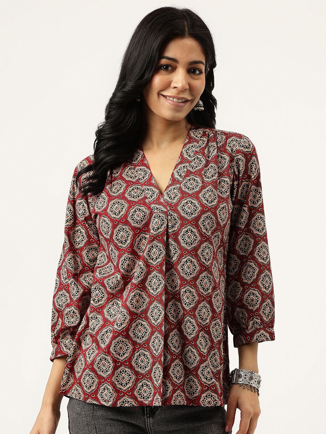 

SPARSA Women Ethnic Printed Mandarin Collar Cotton Top, Maroon