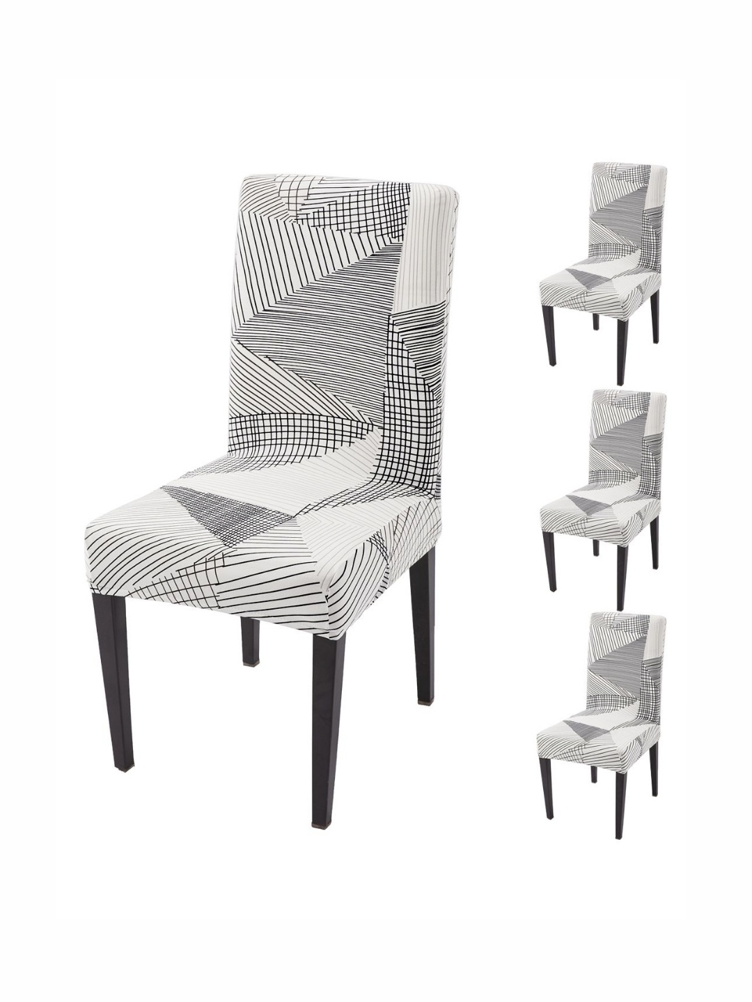 

HOKIPO 4 Pcs White & Black Printed 140 GSM Fully Covered Chair Cover