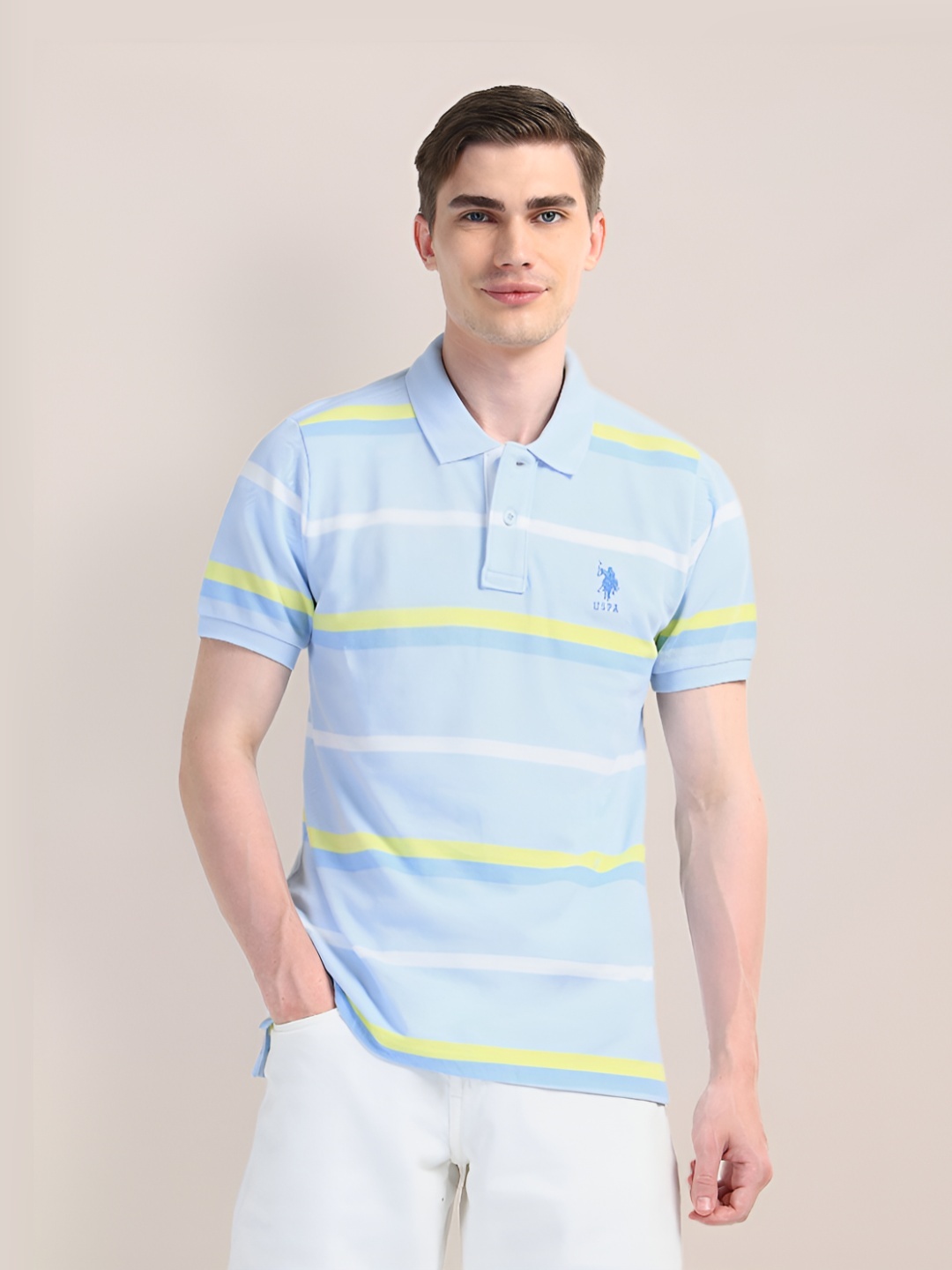 

U.S. Polo Assn. Men Striped Polo Collar Slim Fit T-shirt, Blue