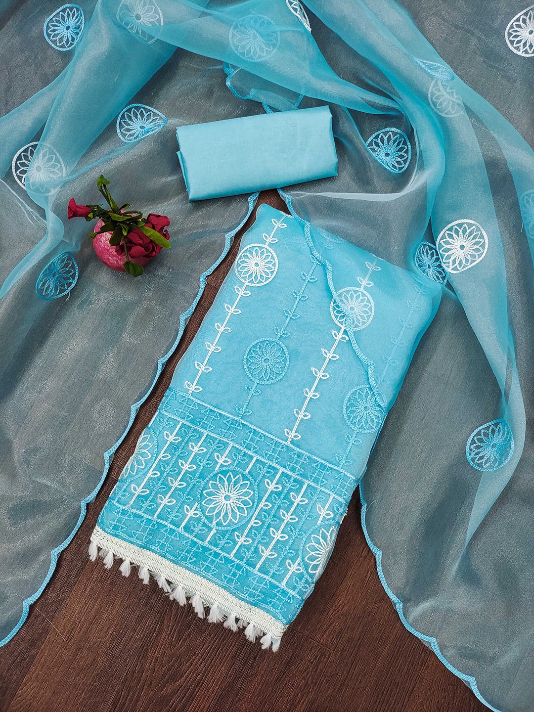 

MANVAA Embellished Organza Unstitched Dress Material, Turquoise blue