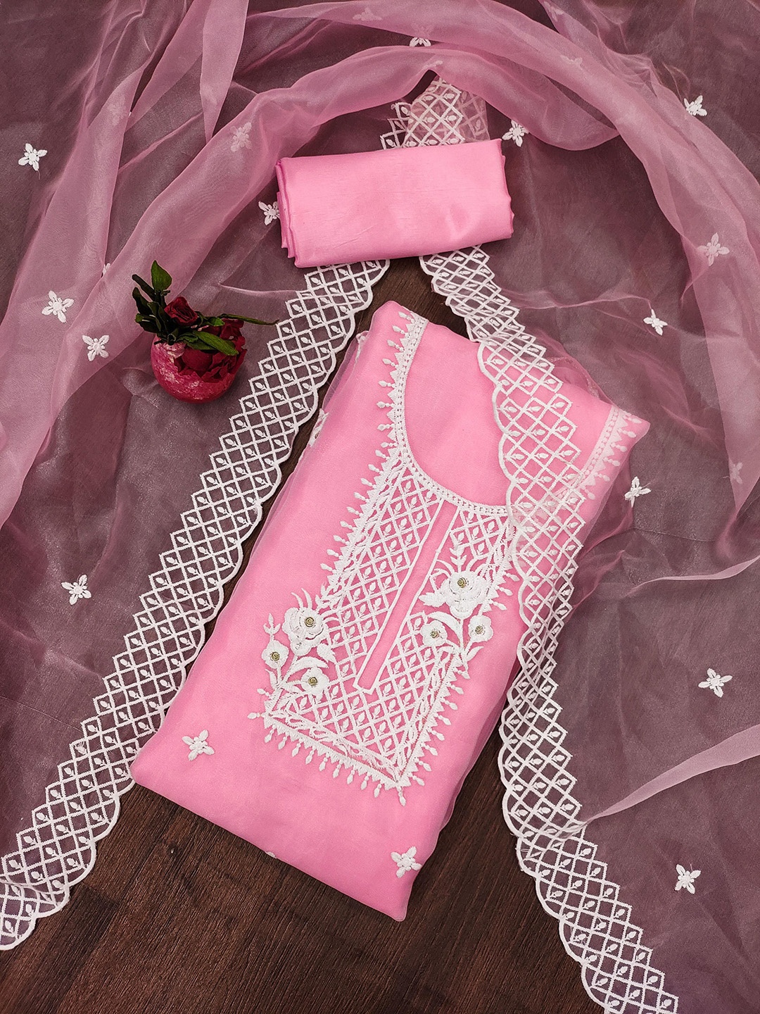 

MANVAA Embroidered Organza Unstitched Dress Material, Pink