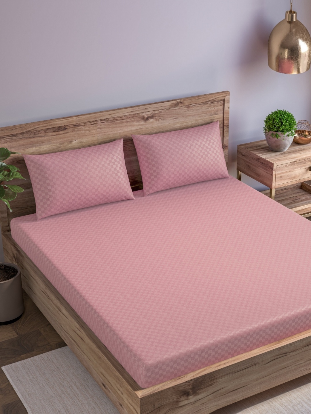 

Trance Home Linen Rose Checks 300 TC Queen Fitted Bedsheet with 2 Pillow Covers