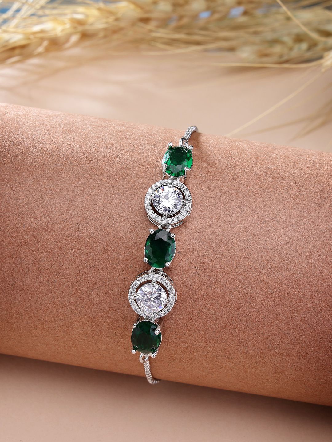 

ZENEME Rhodium Plated American Diamond Studded Wraparound Bracelet, Silver