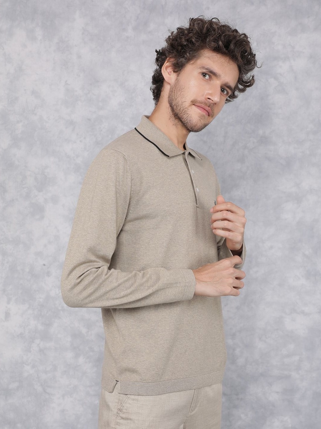 

Crimsoune Club Men Polo Collar Pockets Slim Fit T-shirt, Beige