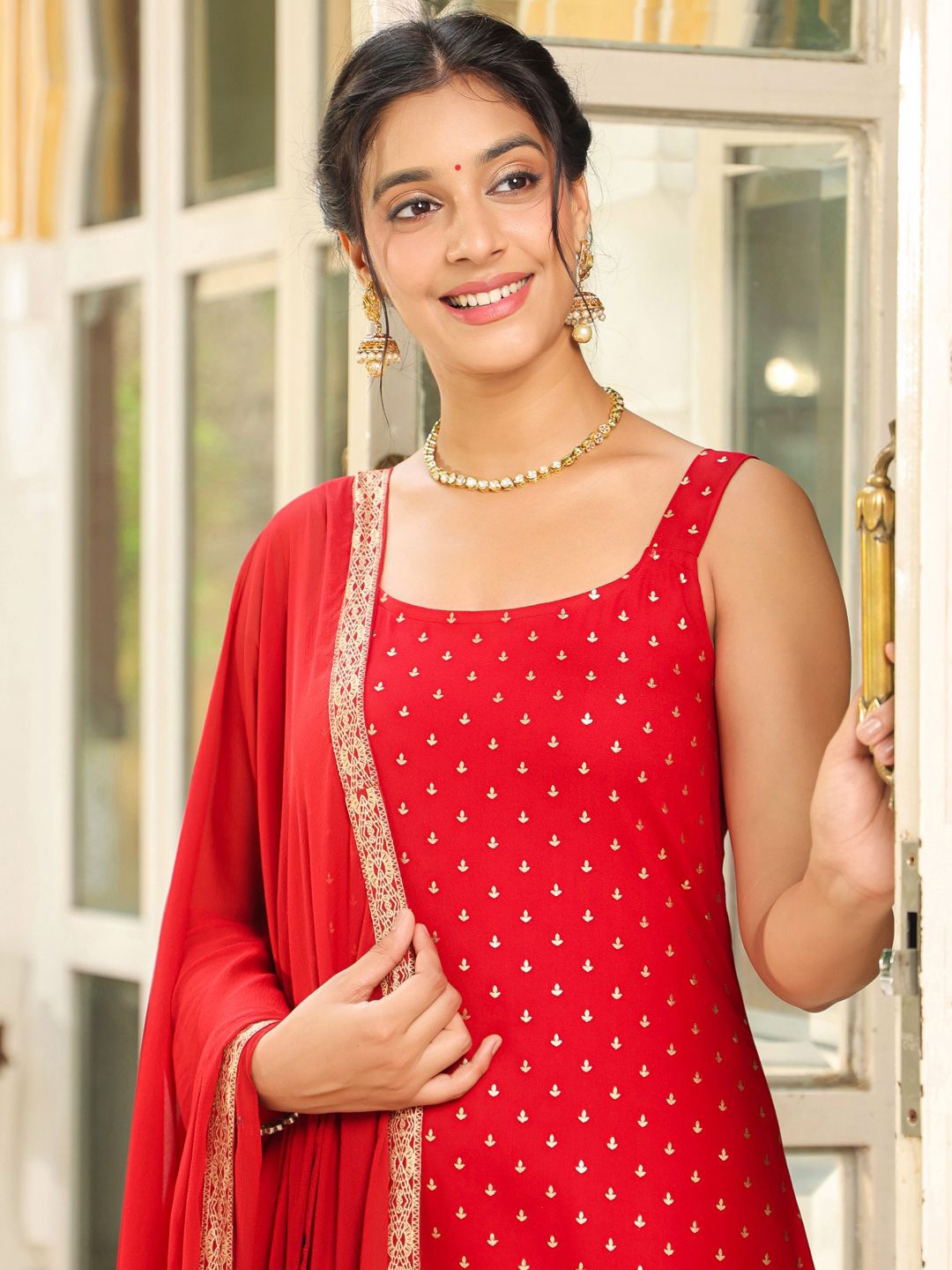 

Janasya Women's Pink Georgette Embroidered Top With Pant & Cape Set, Maroon