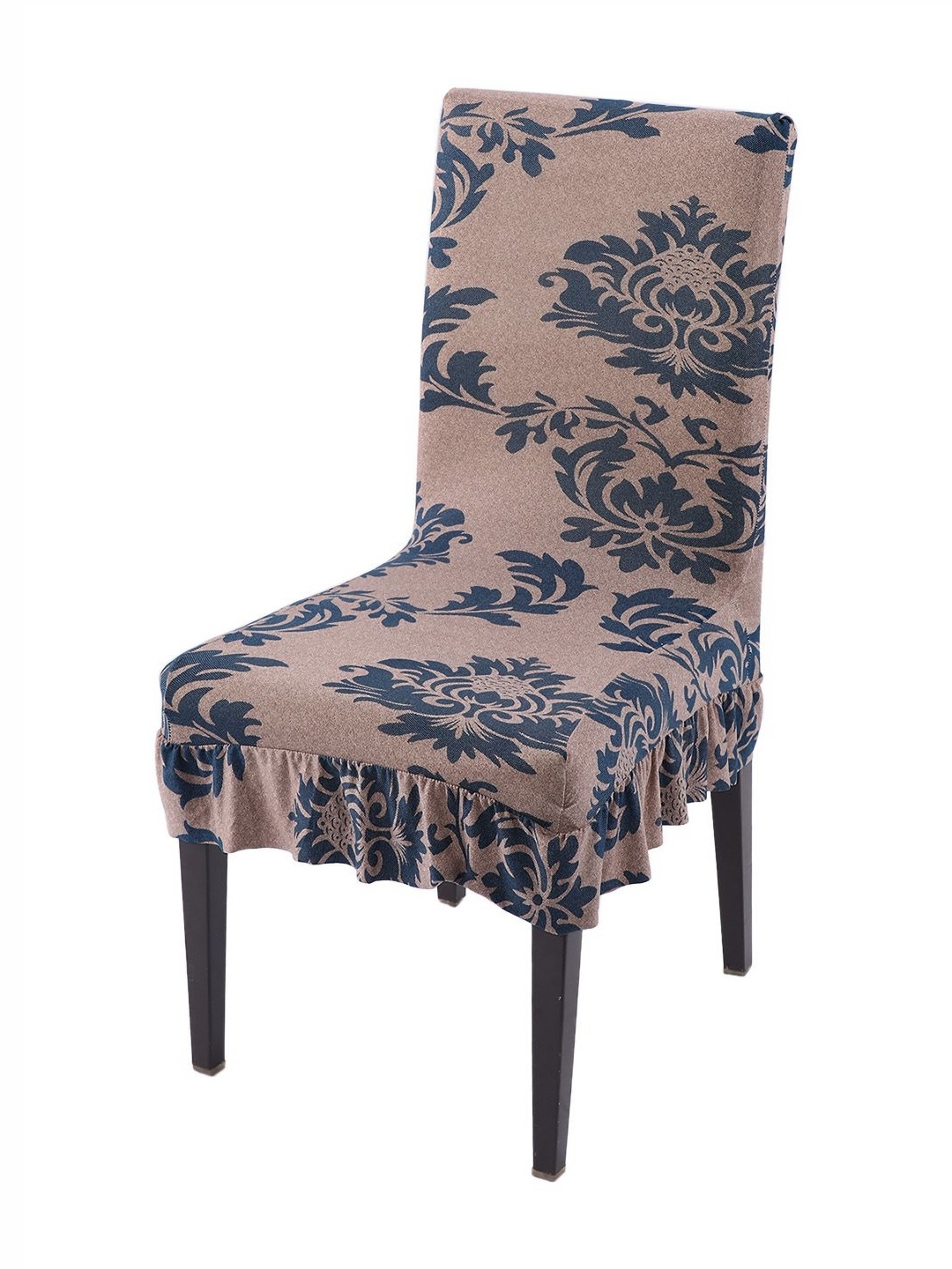 

HOKIPO Coffee Brown Printed Frill Chair Cover