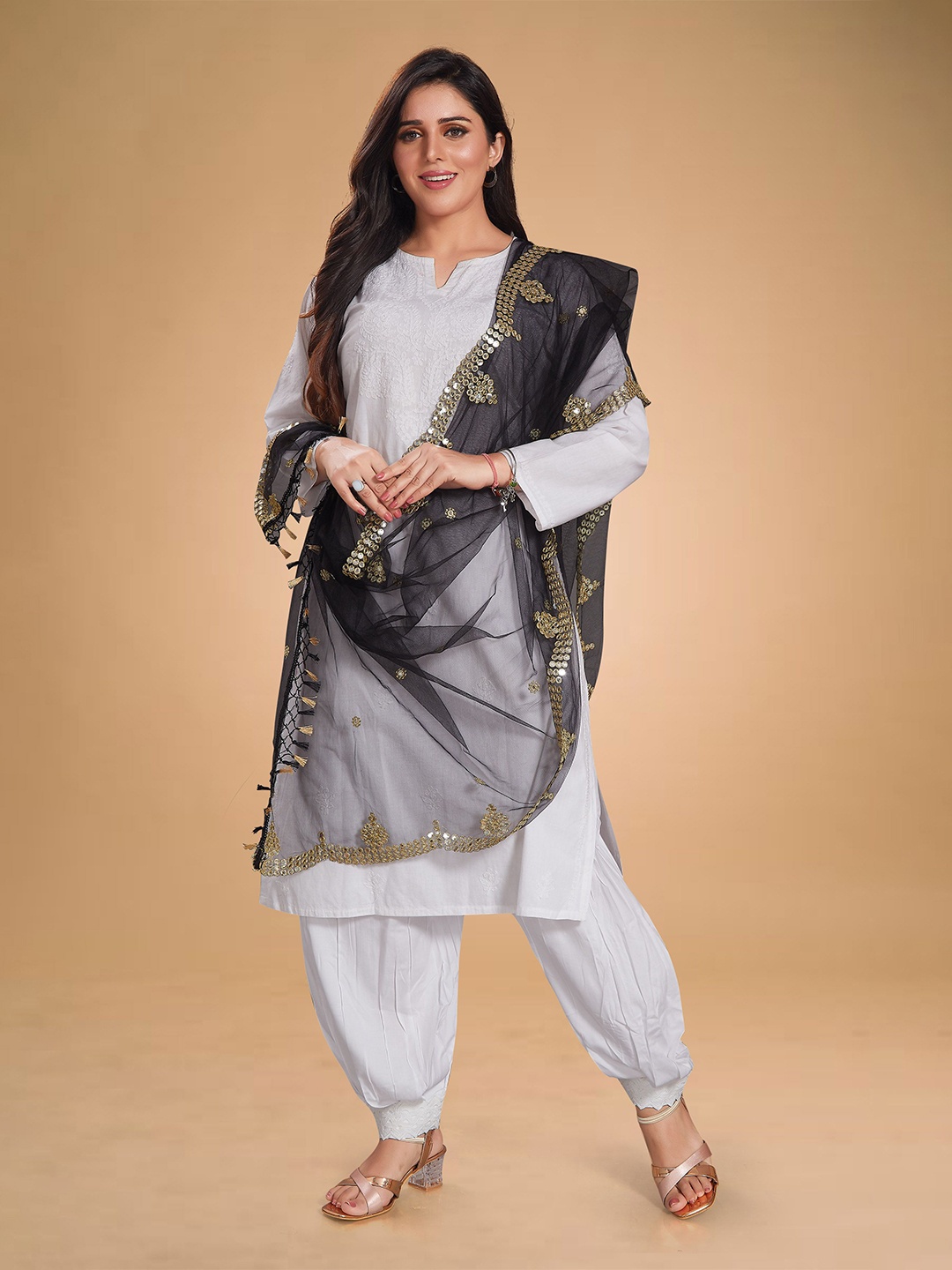 

Rani Saahiba Floral Embroidered Mirror Work Net Dupatta, Black