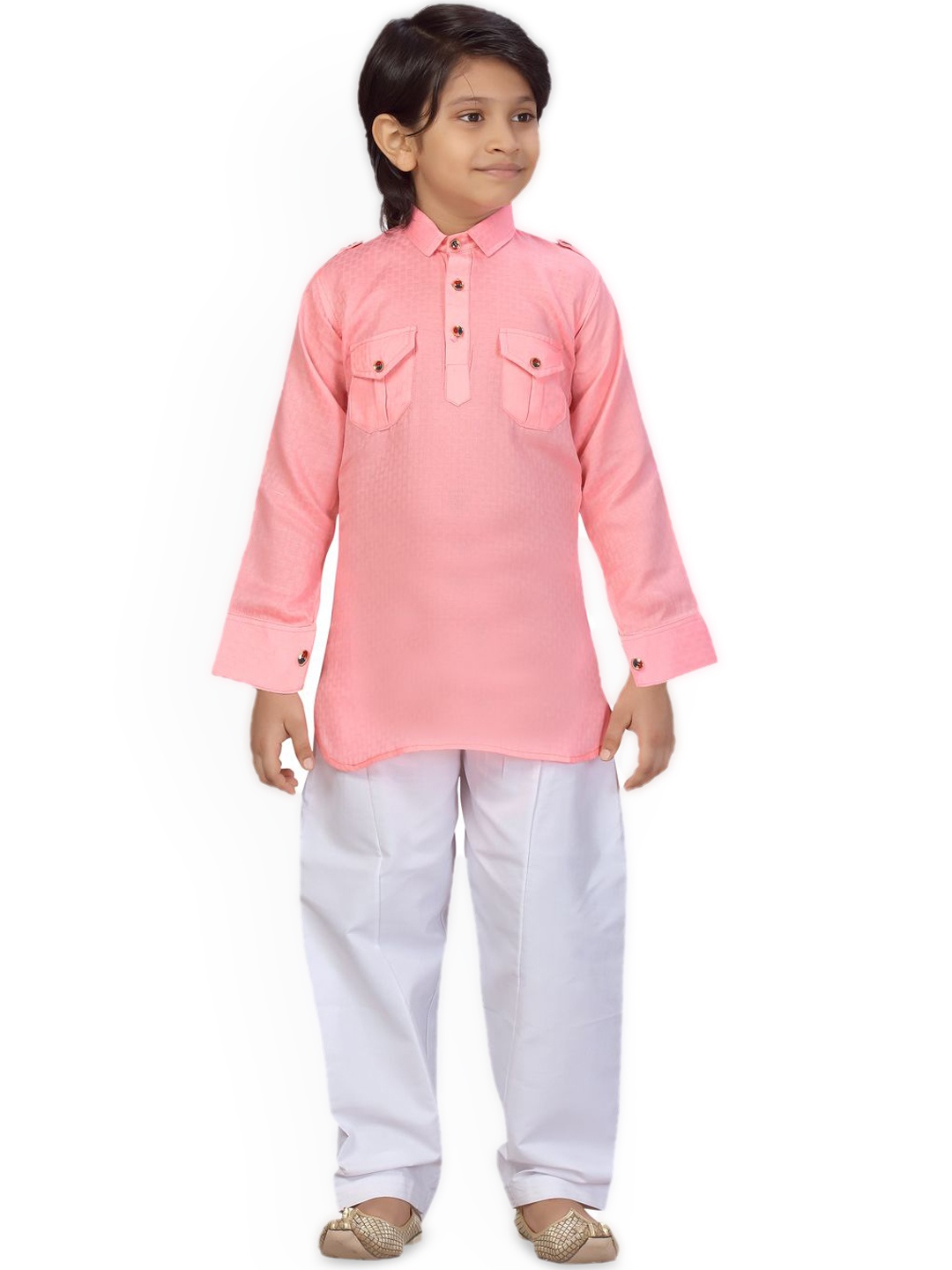 

BAESD Boys Self Design Textured Pocket Detailing Pure Cotton Pathani Kurta With Salwar, Pink