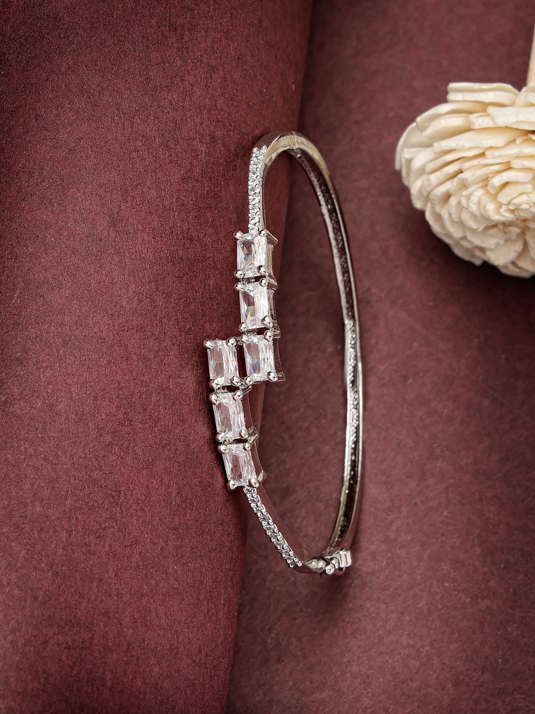 

ZENEME Brass American Diamond Rhodium-Plated Kada Bracelet, Silver