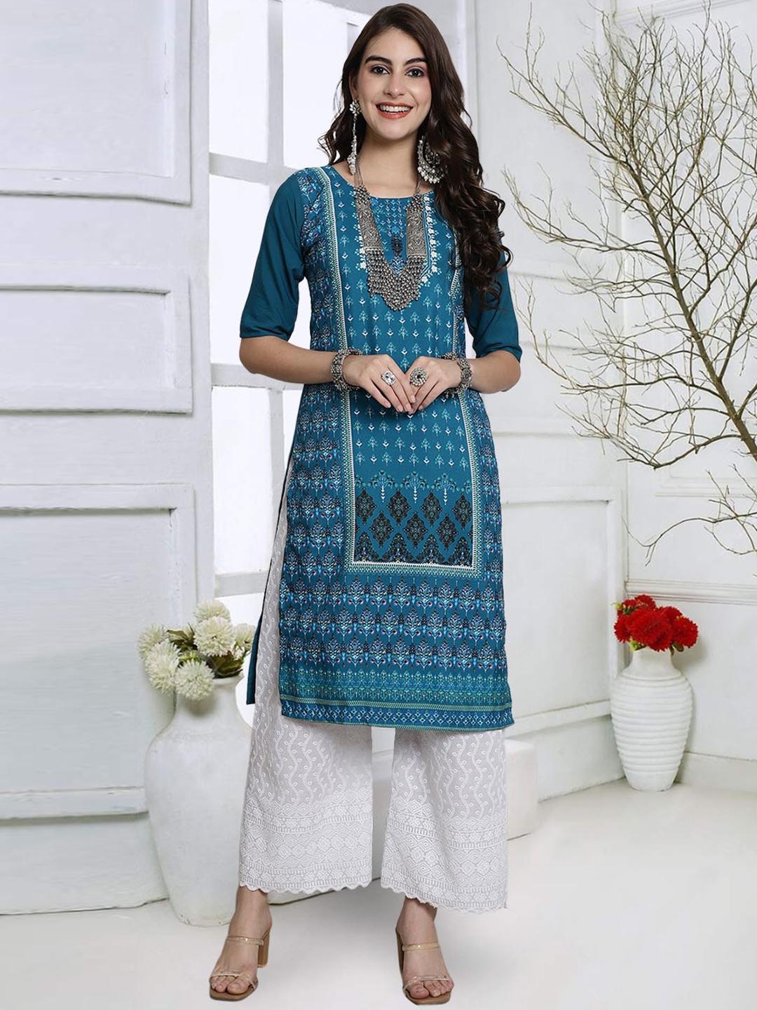 

KALINI Ethnic Motifs Short Sleeves Straight Kurta, Blue