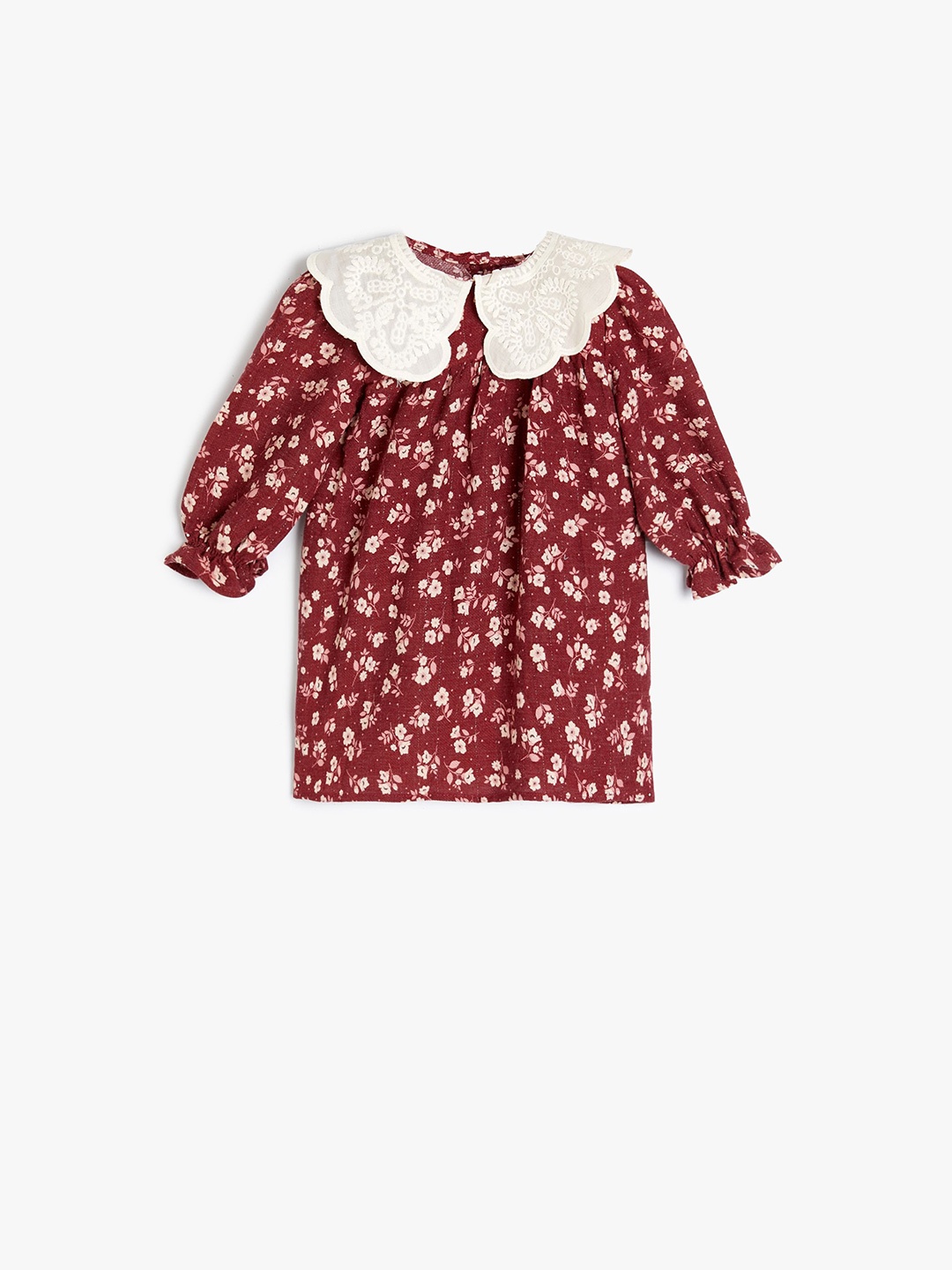 

Koton Girls Floral Printed Peter Pan Collar Bell Sleeves A-Line Dress, Red