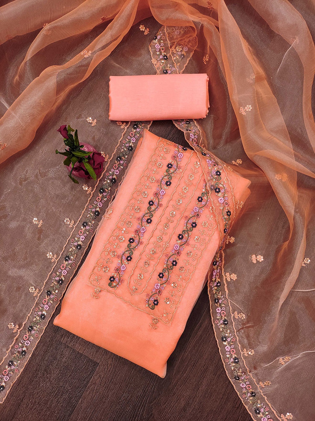 

MANVAA Embellished Organza Unstitched Dress Material, Orange