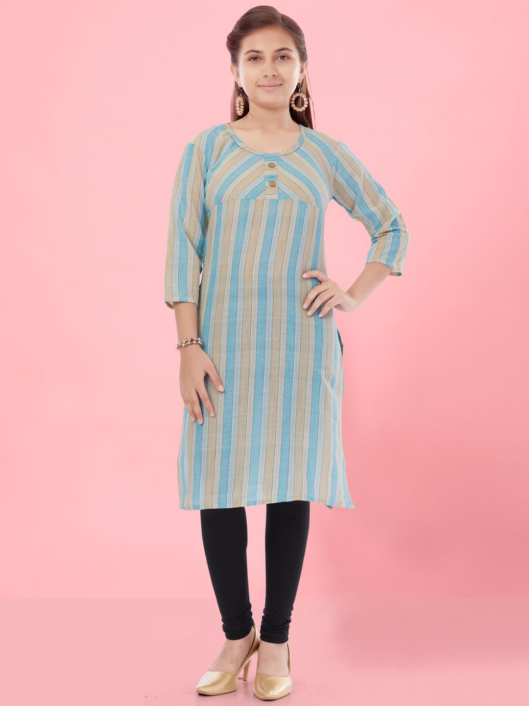 

BAESD Girls Striped Mirror Work Kurta, Turquoise blue