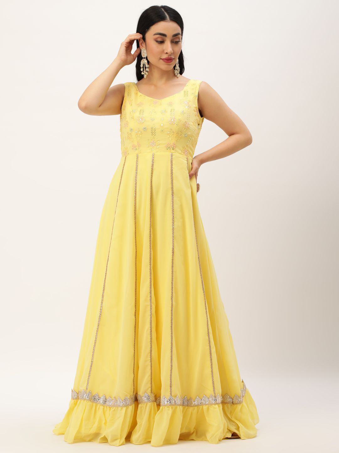 

Ethnovog Women Floral Printed Maxi Dress, Yellow