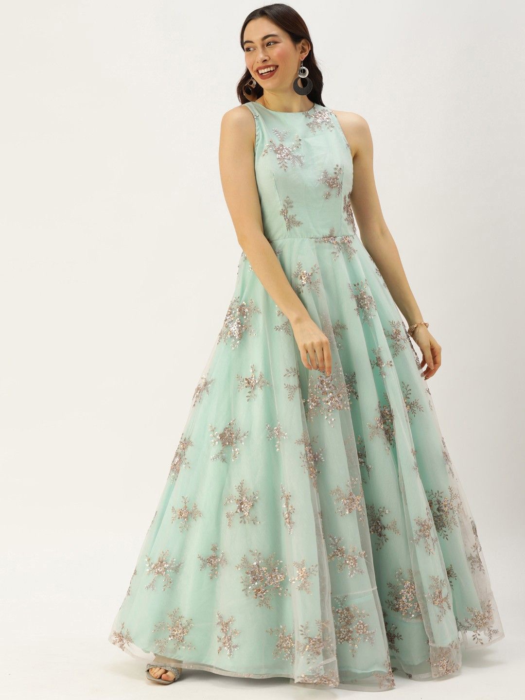 

Ethnovog Floral Print Embroiderd Net Maxi Dress, Off white