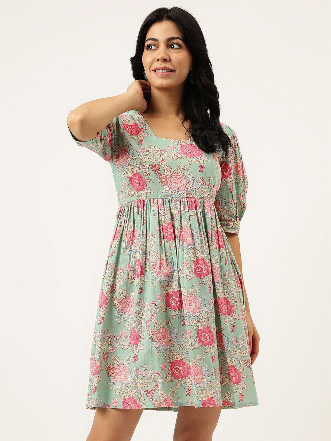 

SPARSA Floral Print Empire Dress, Sea green