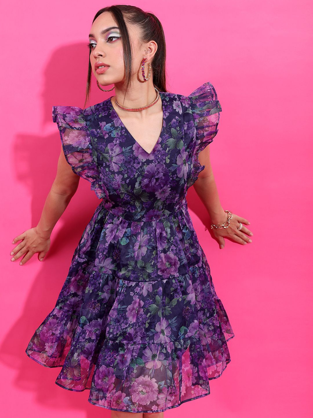 

Tokyo Talkies Floral Print Flutter Sleeve Fit & Flare Dress, Lavender