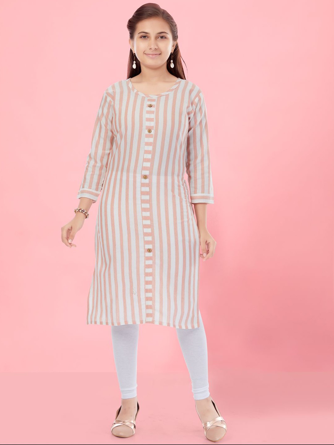 

BAESD Girls Striped Extended Sleeves Thread Work Kurta, Peach