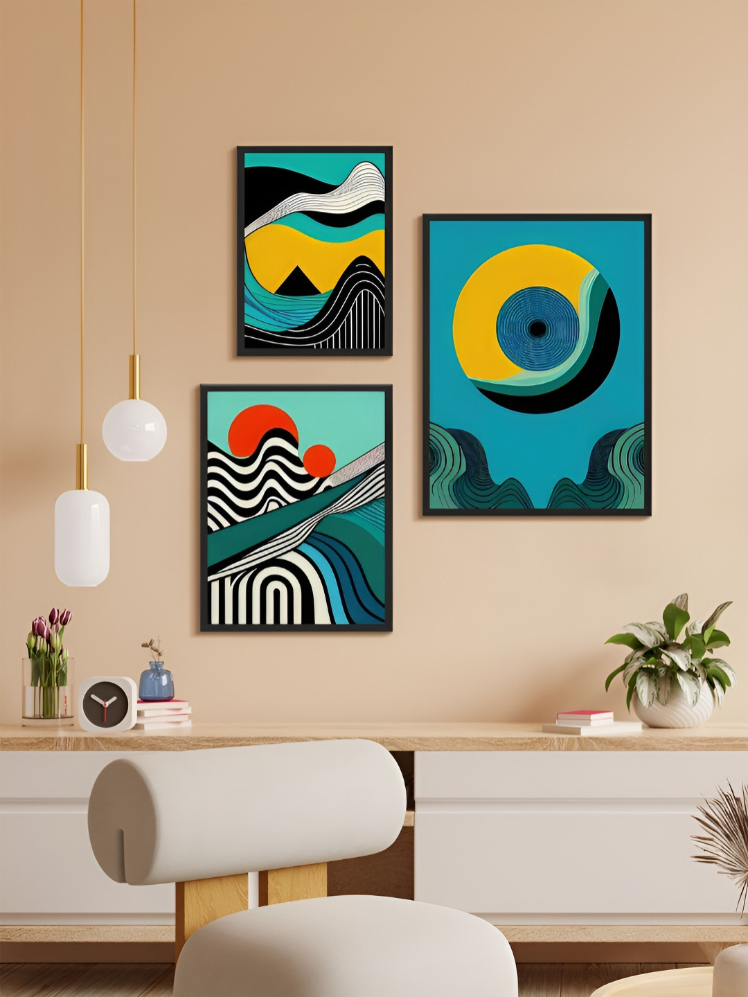 

999Store Green & Black 3 Piece Paper Abstract Wall Paintings
