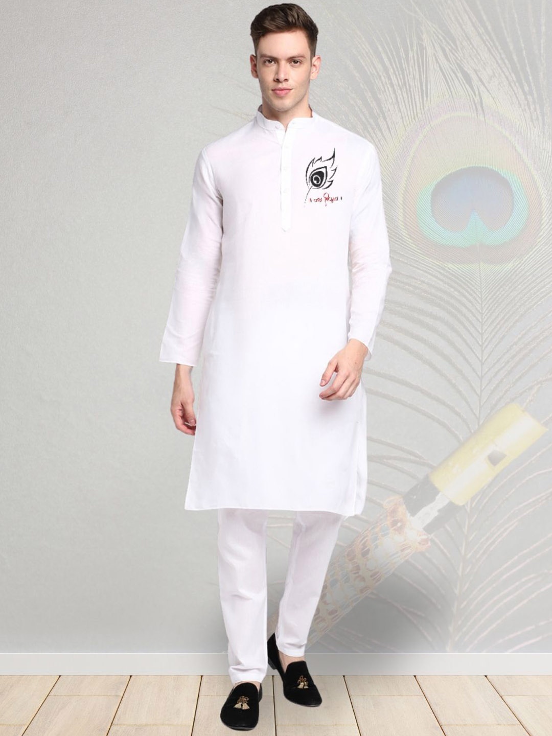 

DEVOILER Ethnic Motifs Digital Printed Mandarin Collar Cotton Straight Kurta, White