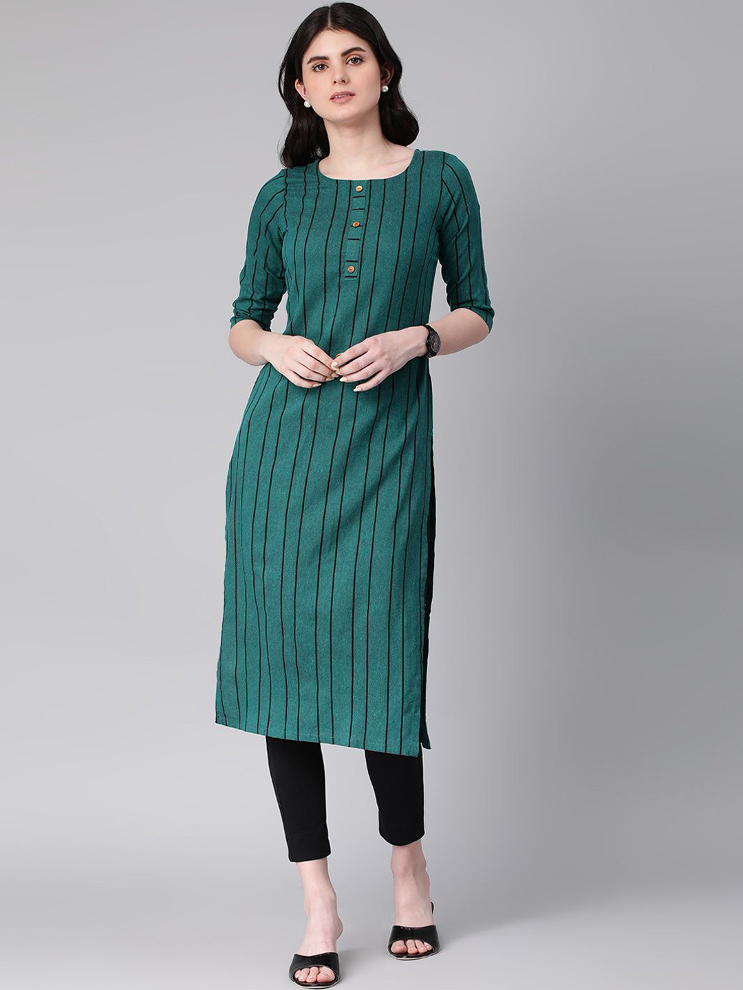 

HRITIKA Women Striped Thread Work Kurta, Green