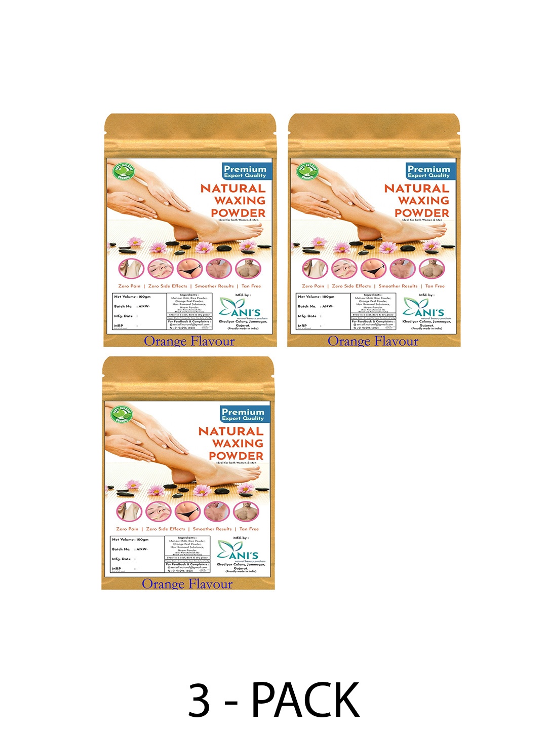 

ANI'S Set Of 3 Orange Natural Waxing Powder- 100 g Each, Brown