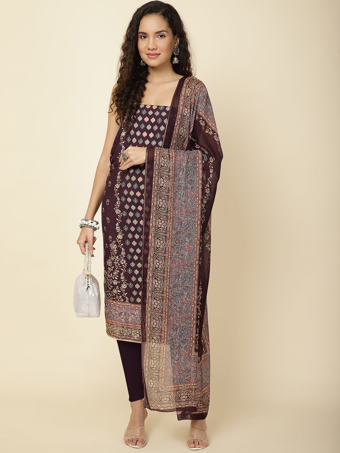 

Meena Bazaar Printed Art Silk Unstitched Dress Material, Burgundy
