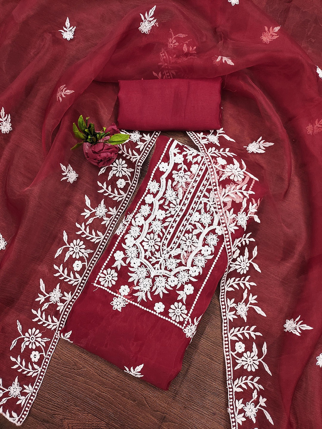

MANVAA Embellished Organza Unstitched Dress Material, Red