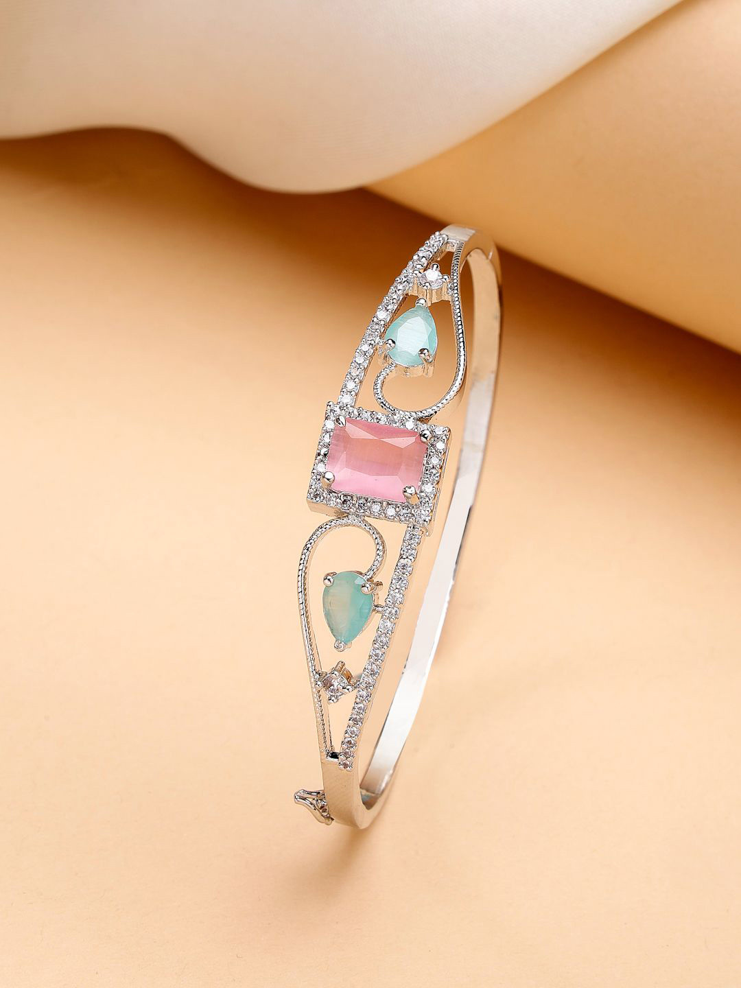 

ZENEME Rhodium-Plated American Diamond Studded Bangle-Style Bracelet, Silver