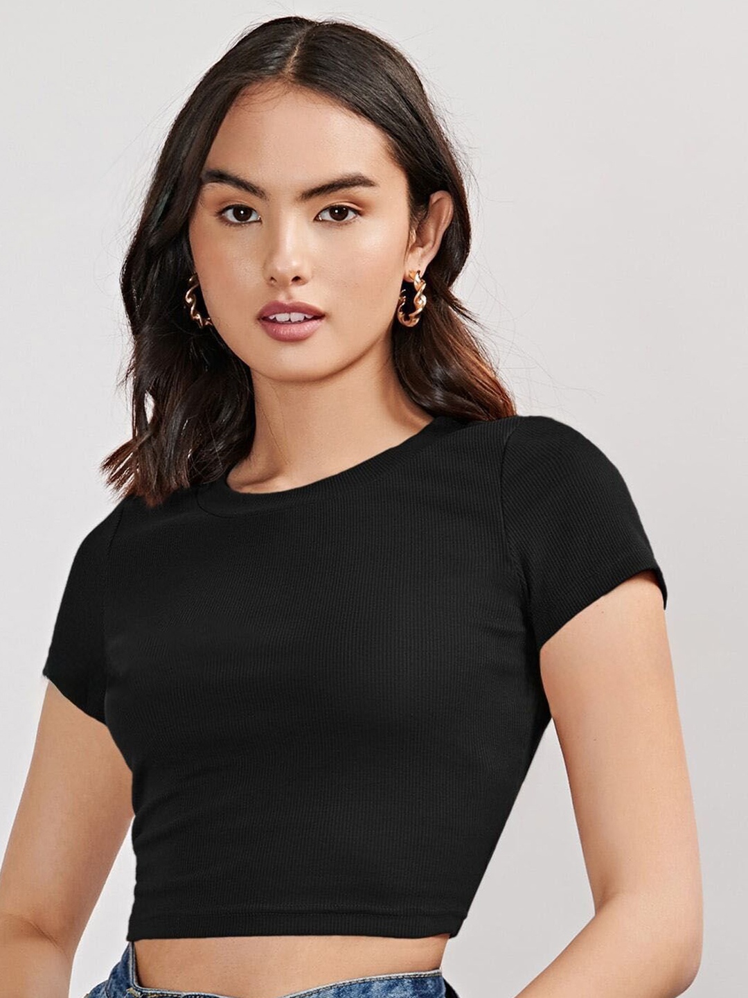 

Tivante Women Solid Knits Round Neck Cotton Top, Black