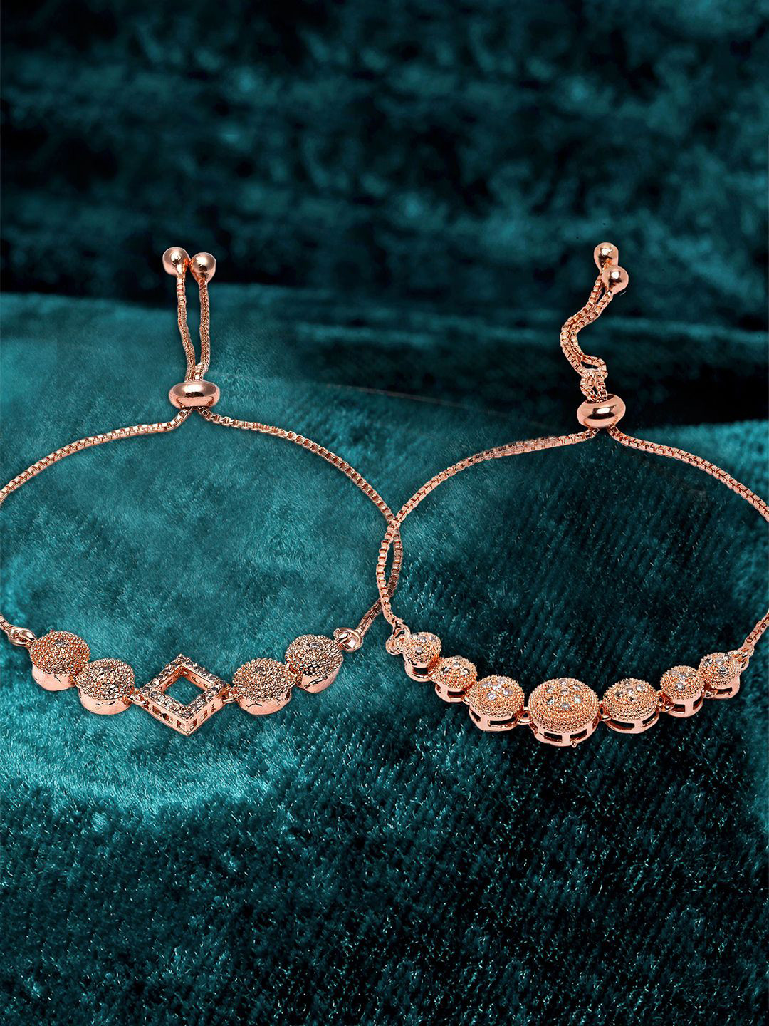 

ZENEME Set Of 2 Brass Cubic Zirconia Rose Gold-Plated Wraparound Bracelet