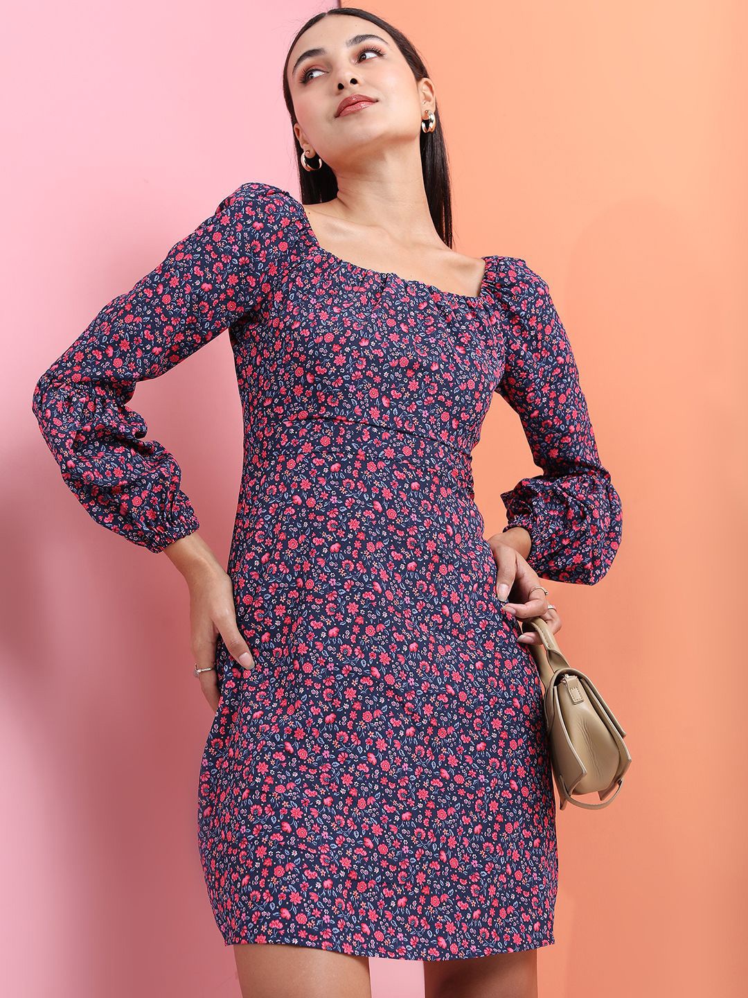 

Tokyo Talkies Floral Print Puff Sleeve Sheath Dress, Navy blue