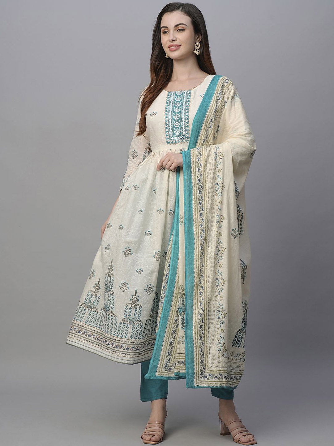 

Kiana Women Floral Printed Angrakha Pure Cotton Kurta with Trousers & With Dupatta, White