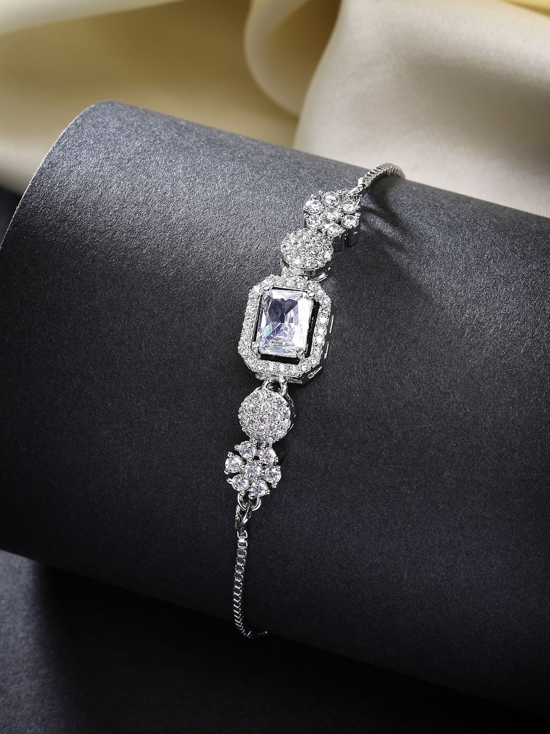 

ZENEME Silver-Plated American Diamond Studded Bangle-Style Bracelet