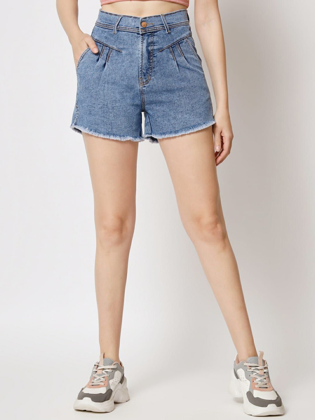 

FASHIONFIBRE Women Slim Fit High-Rise Denim Denim Shorts, Blue