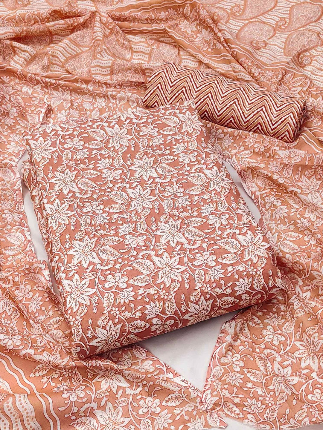 

Peachmode Printed Pure Cotton Unstitched Dress Material, Peach