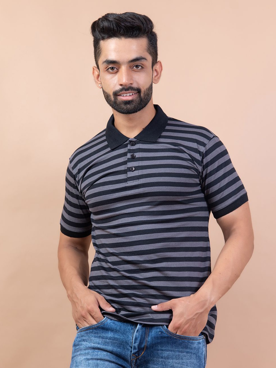 

Tistabene Men Striped Polo Collar Pockets T-shirt, Black