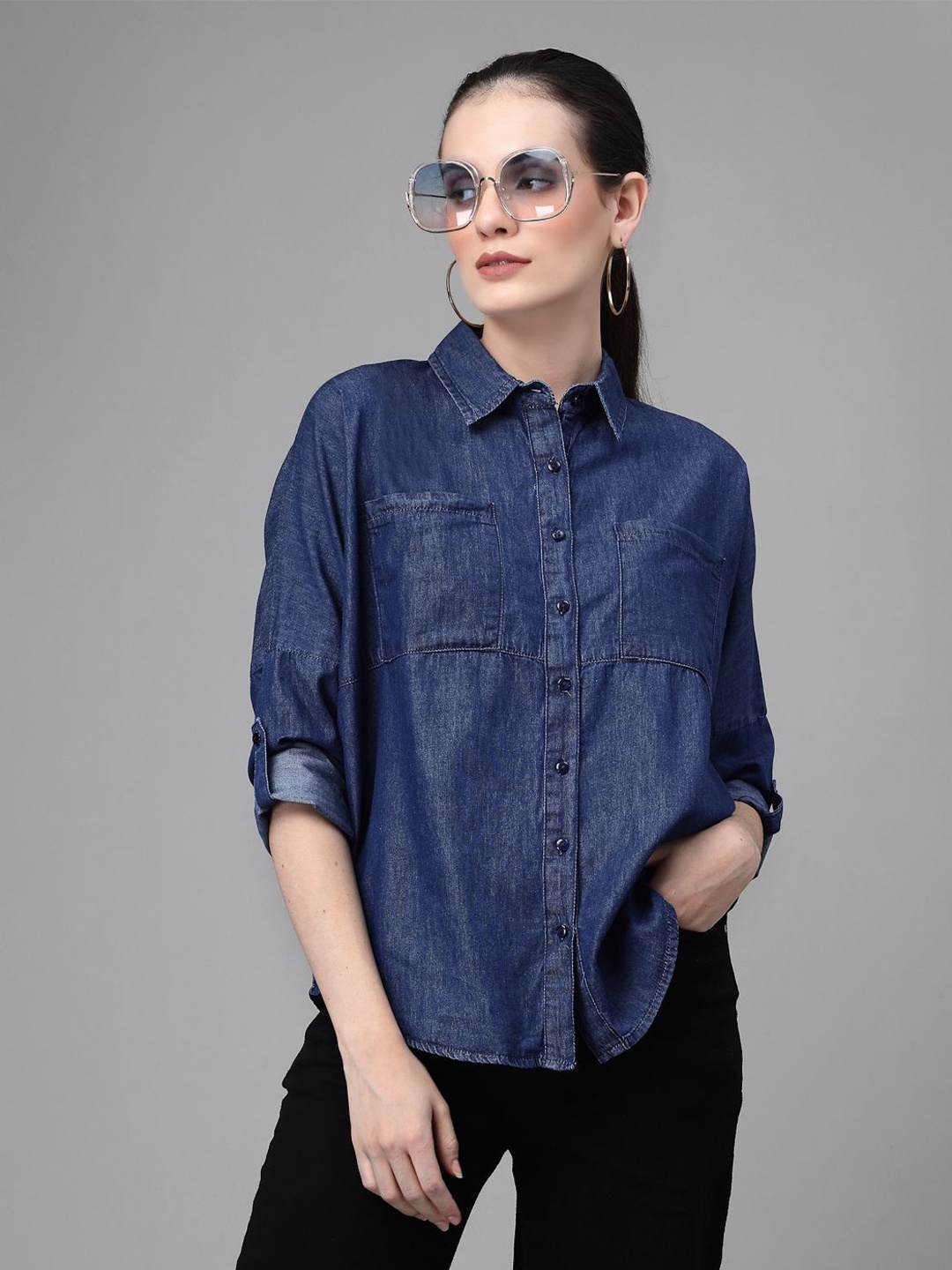 

Global Republic Women Classic Spread Collar Solid Cotton Casual Shirt, Blue