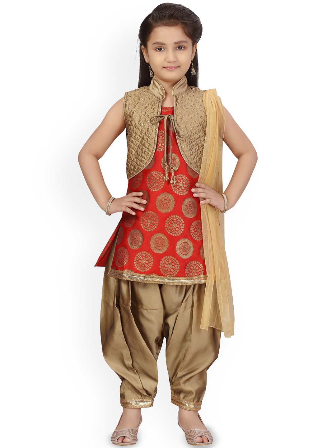 

BAESD Girls Ethnic Motifs Printed Regular Beads and Stones Pure Silk Kurta with Salwar & With Dupatta, Red