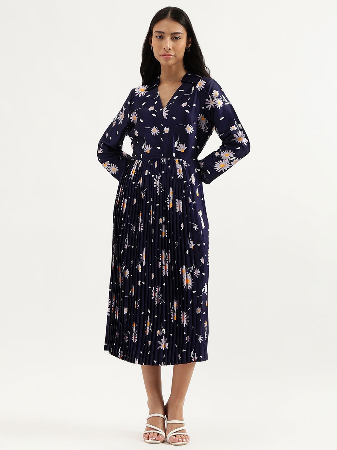 

United Colors of Benetton Floral Printed A-Line Midi Dress, Navy blue