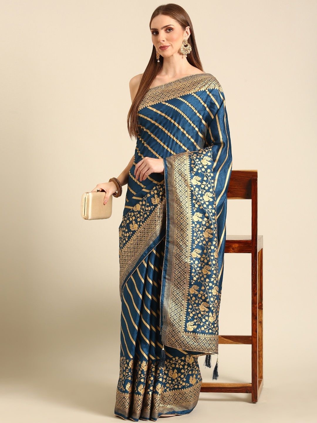 

all about you Striped Silk Blend Saree, Blue