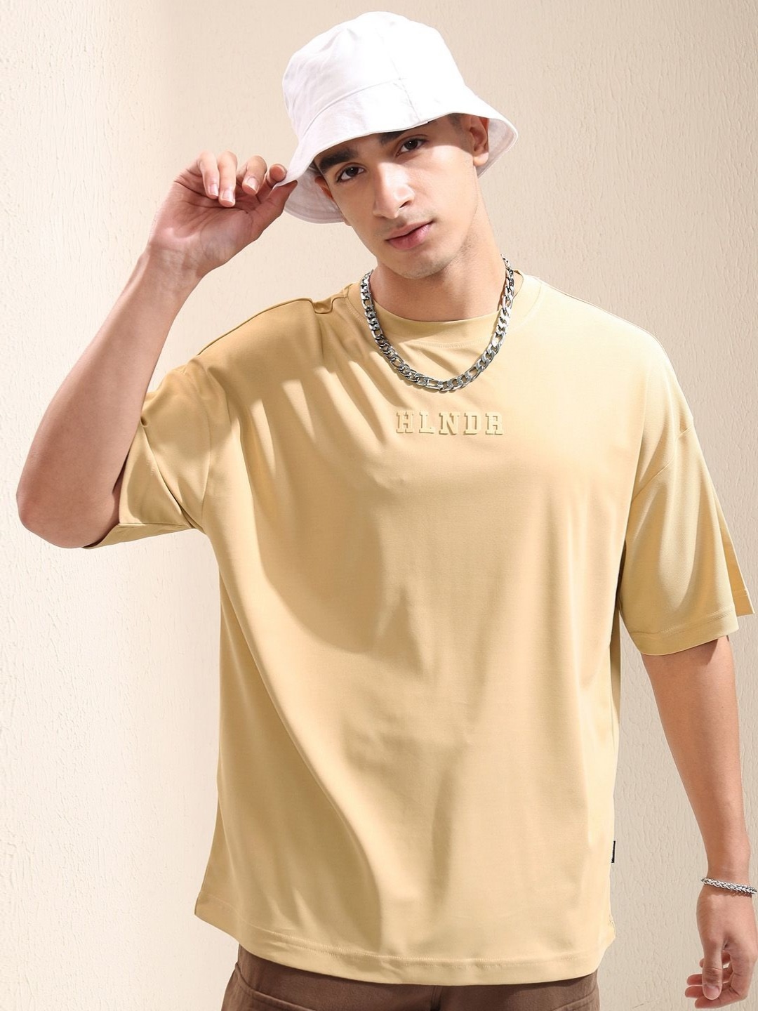 

HIGHLANDER Men Round Neck Drop Shoulder Oversized Sport Tshirt, Beige