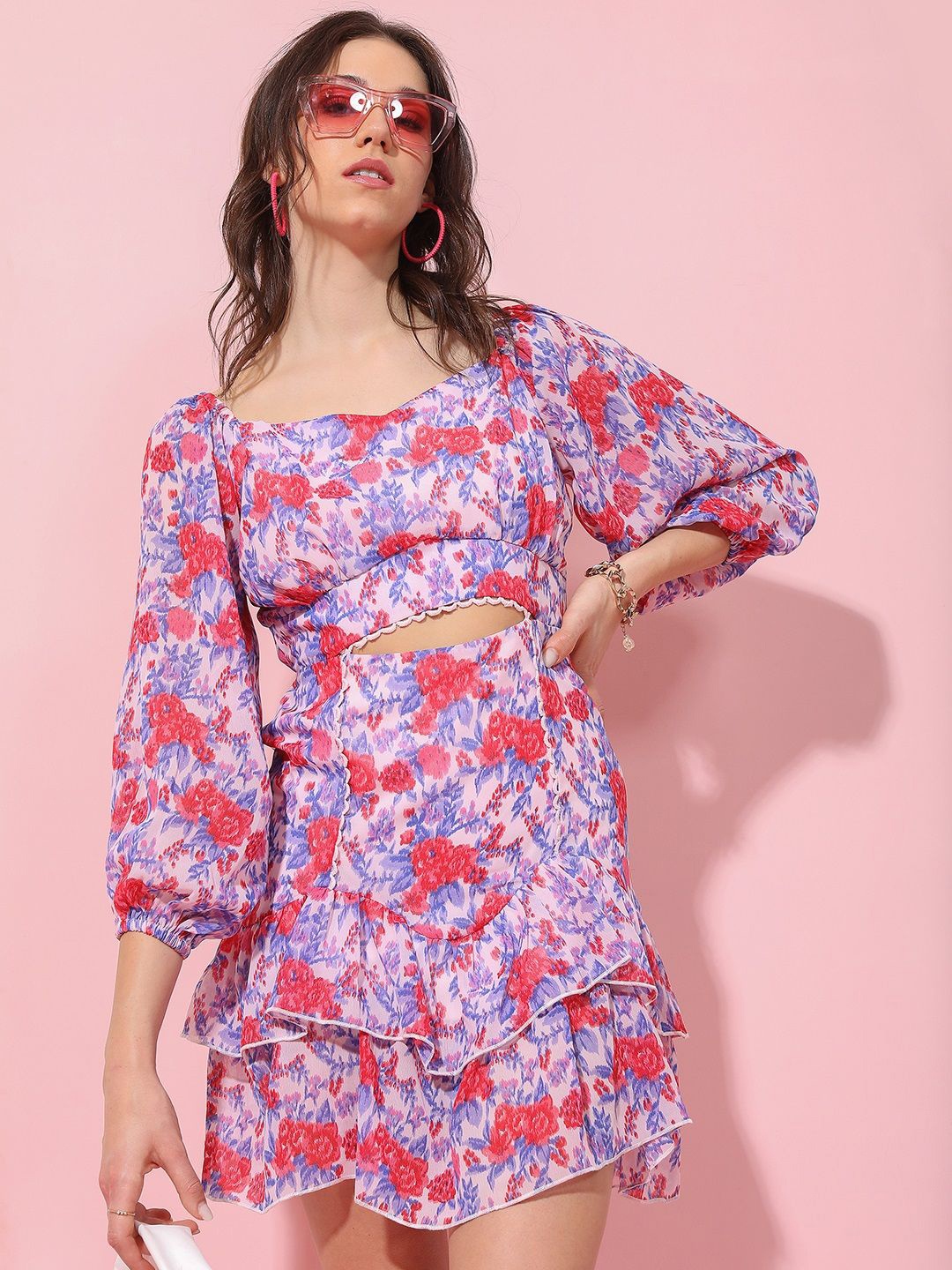 

Tokyo Talkies Floral Print Puff Sleeve Fit & Flare Dress, Pink