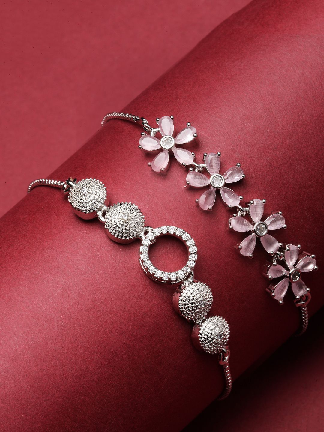 

ZENEME Set Of 2 Rhodium-Plated American Diamond Charm Bracelet, Silver