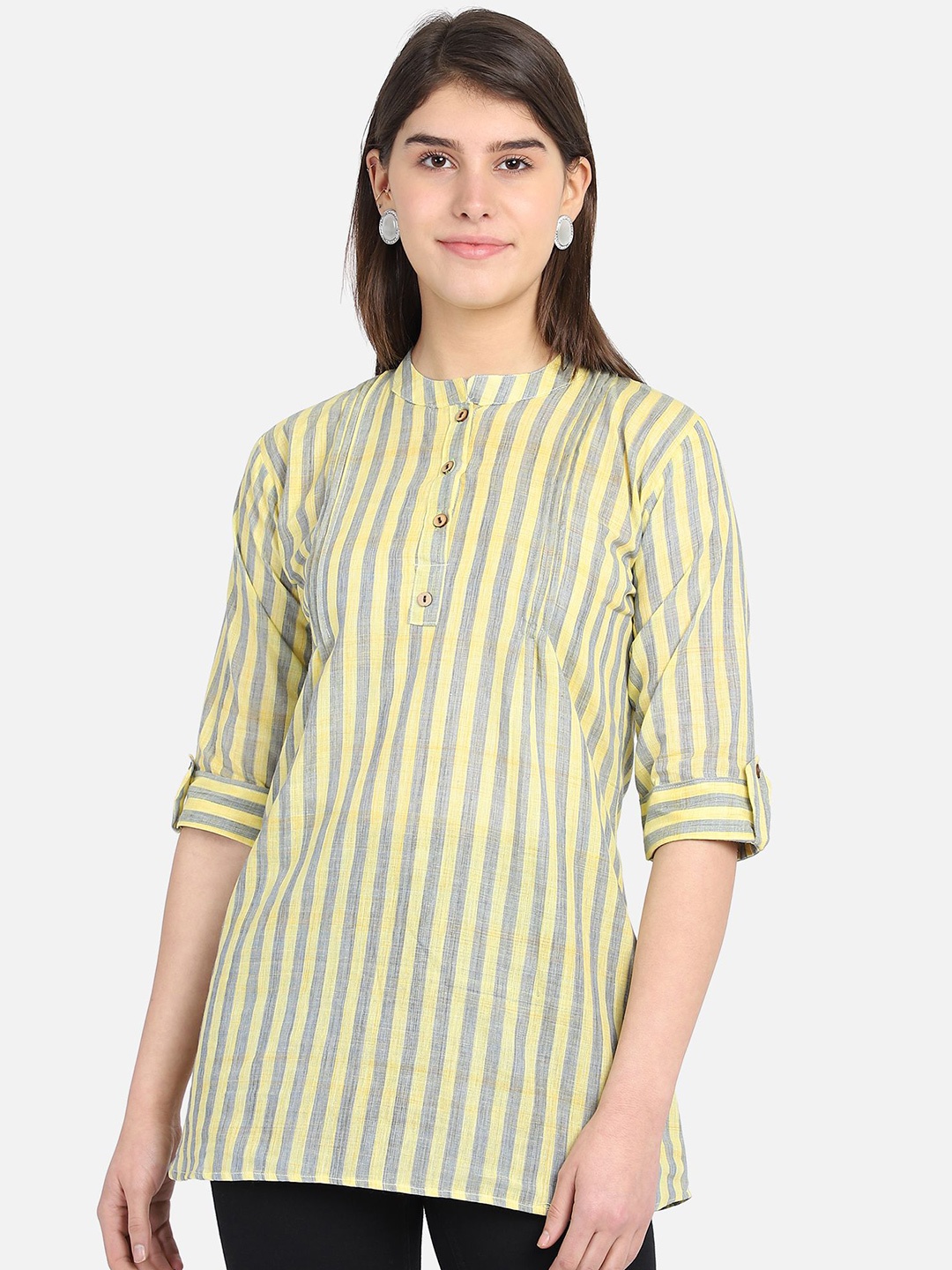 

SAHORA Women Striped Mandarin Collar Pure Cotton Top, Yellow