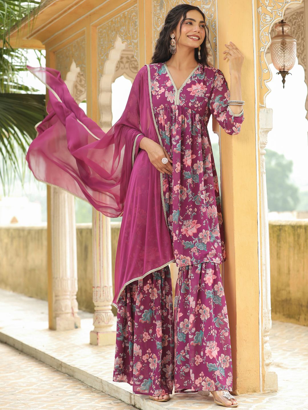 

Janasya Floral Printed V-Neck Georgette A-Line Kurta with Sharara & Dupatta, Purple
