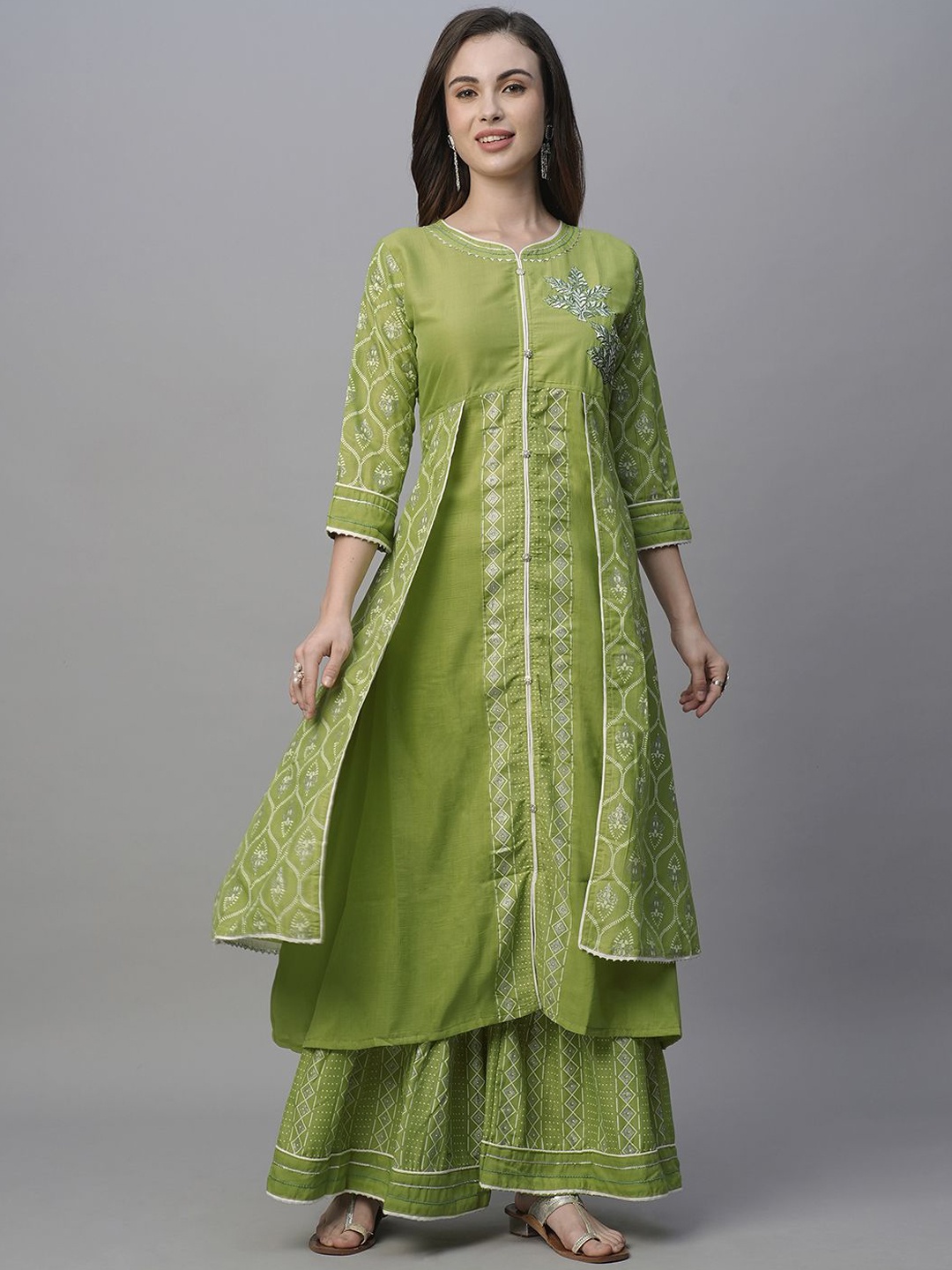 

Kiana Women Floral Printed Angrakha Thread Work Pure Cotton Kurta with Palazzos & With Dupatta, Green