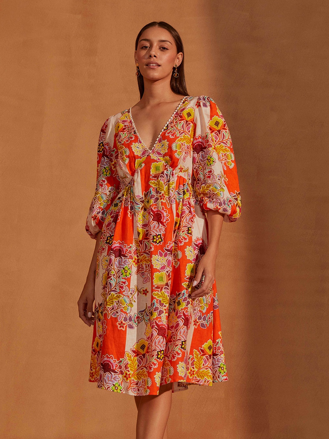 

NOIB Floral Print Flared Sleeve Linen A-Line Dress, Orange