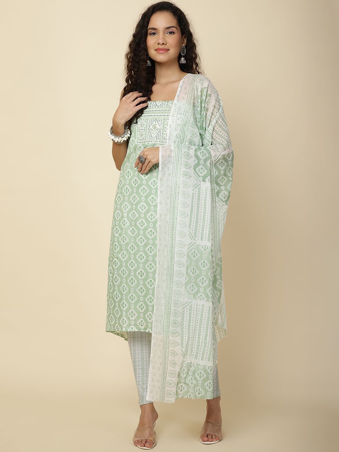 

Meena Bazaar Printed Unstitched Dress Material, Sea green